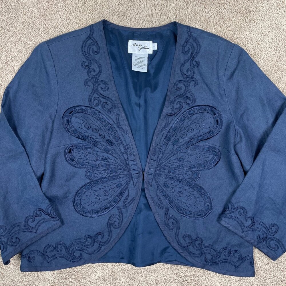 Ann Gerlin Jacket Womens 8 Blue Embroidered Butterfly Linen Artsy Bohemian Vtg